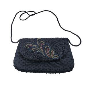 Vtg Formal Black Satin Beaded Evening Bag Peacock Beaded Embroidery Crossbody